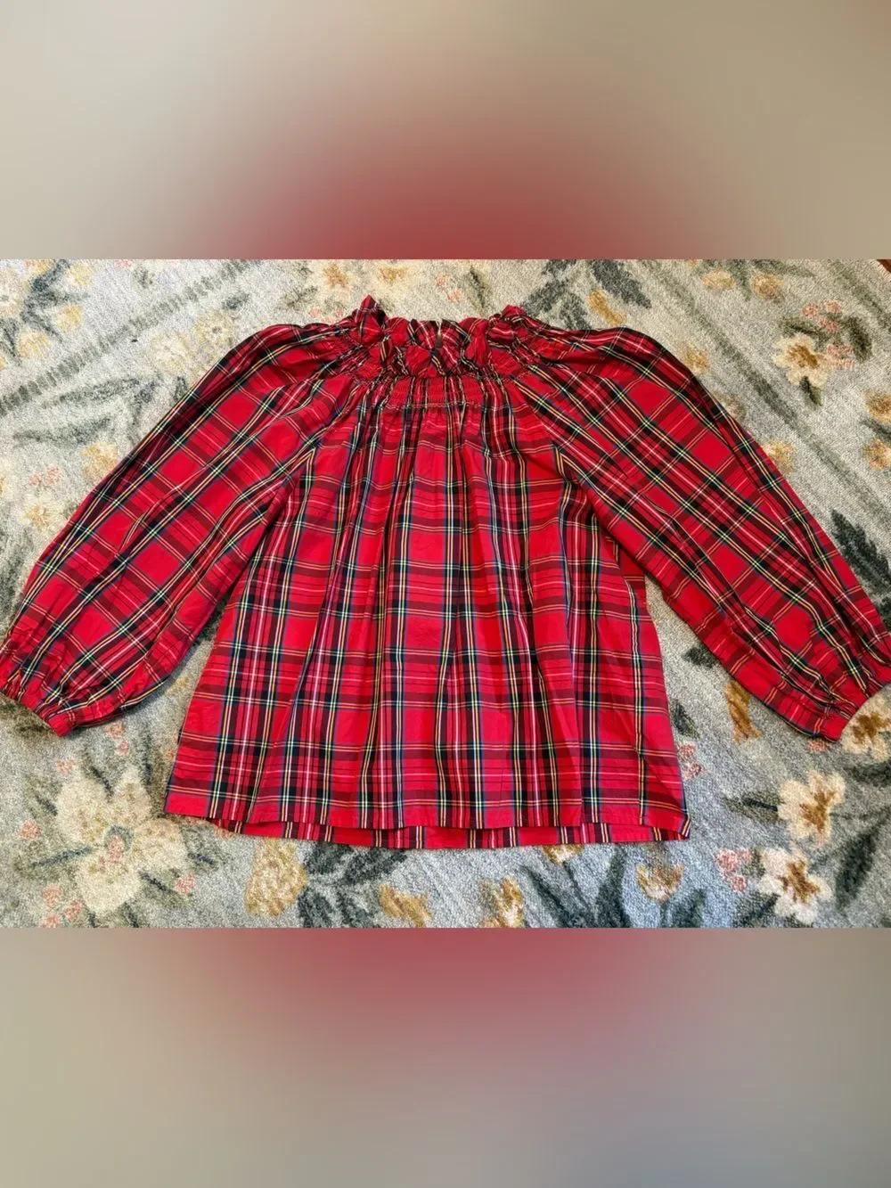J. Crew Smocked Neck Puff 3/4 Sleeve Blouse In Good Tidings Red Plaid Large